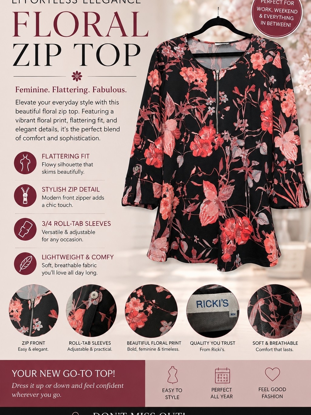 Ricki's Black Top with Coral and Pink Floral Print